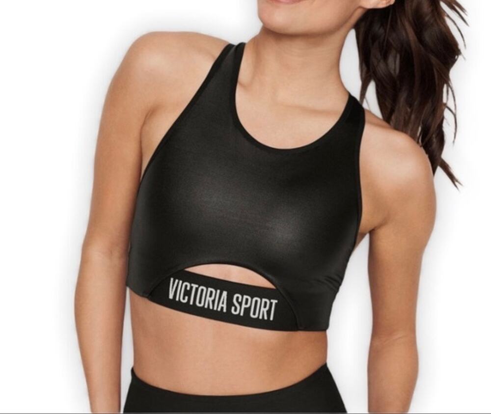 Victoria Sport "The Player" Racerback Sports Bra - Black Shiny Metallic Cutout M